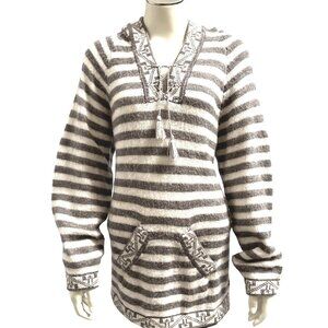 CCC Peruvian Alpaca Hooded Gray White Horizontal Striped Knit Sweater Size Large